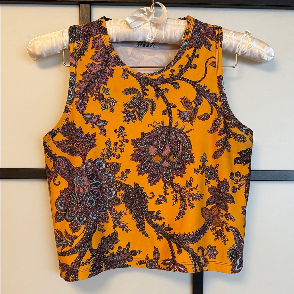 Twin Fantasy Orange Paisley Cropped Tank Top Size S Italian Fabric Activewear